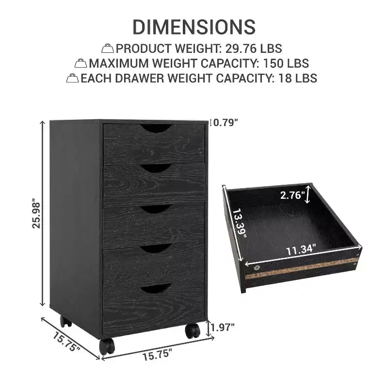 5-szufladowa szafka na dokumenty na kółkach z płynnym wysuwem, w kolorze Dąb Brązowy / Czarny / Espresso / Dąb Szary / Naturalny / Biały
