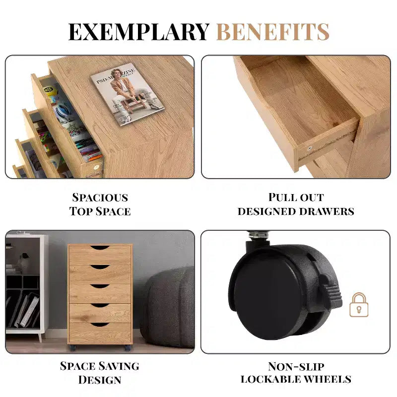 5-szufladowa szafka na dokumenty na kółkach z płynnym wysuwem, w kolorze Dąb Brązowy / Czarny / Espresso / Dąb Szary / Naturalny / Biały