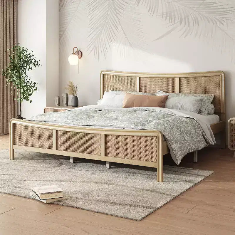 Naturalne łóżko platformowe boho z rattanu z regulowanym zagłówkiem, rozmiar Queen/King, 1-osobowe