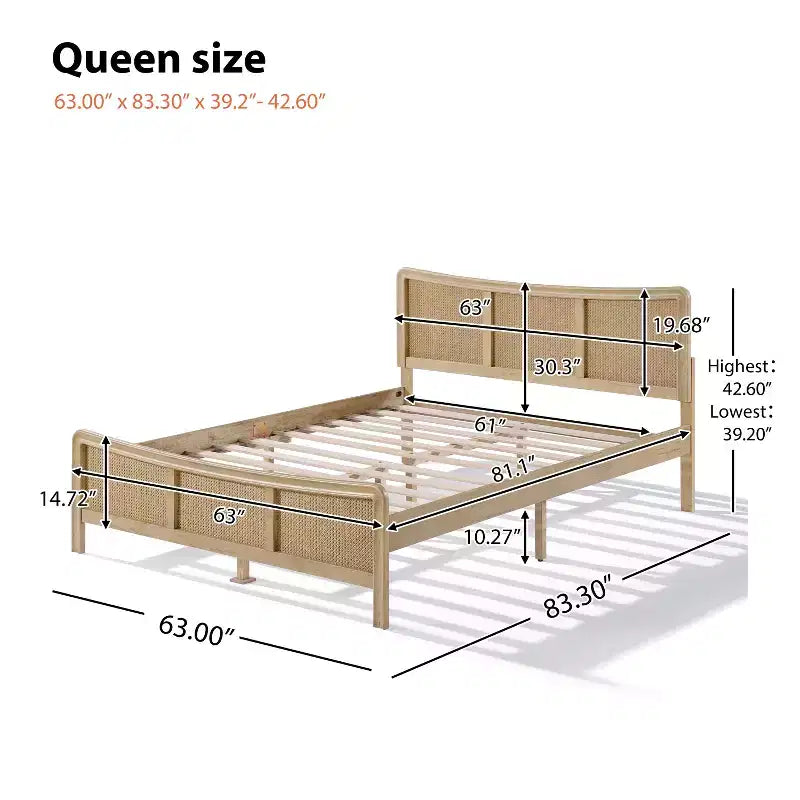 Naturalne łóżko platformowe boho z rattanu z regulowanym zagłówkiem, rozmiar Queen/King, 1-osobowe
