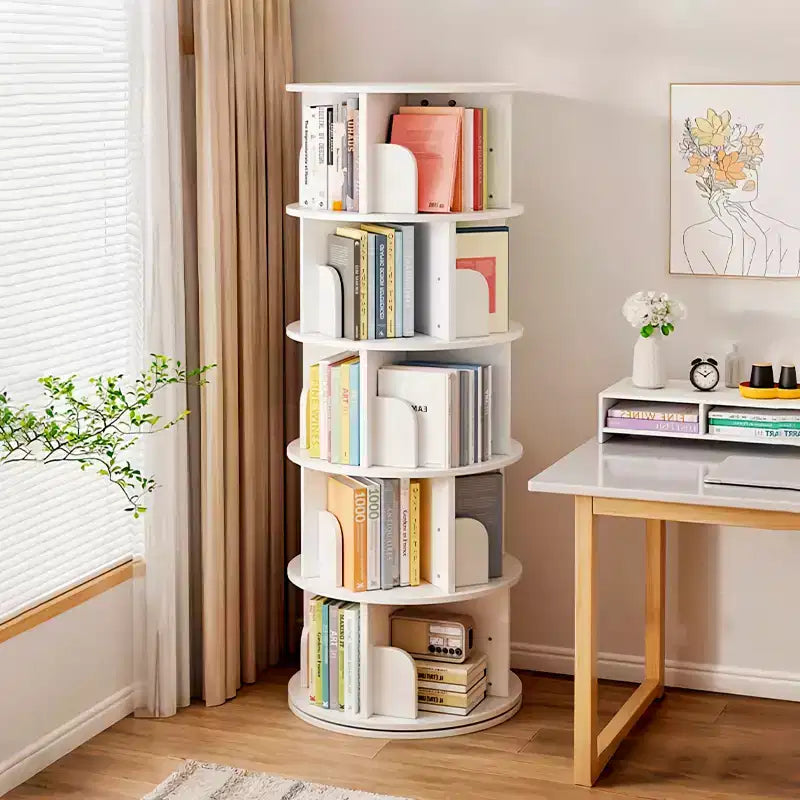 Rotating Bookshelf, 360 Display Spinning Bookshelf Tower, 5 Tier Wood Corner Bookcase with Wheels for Small Space