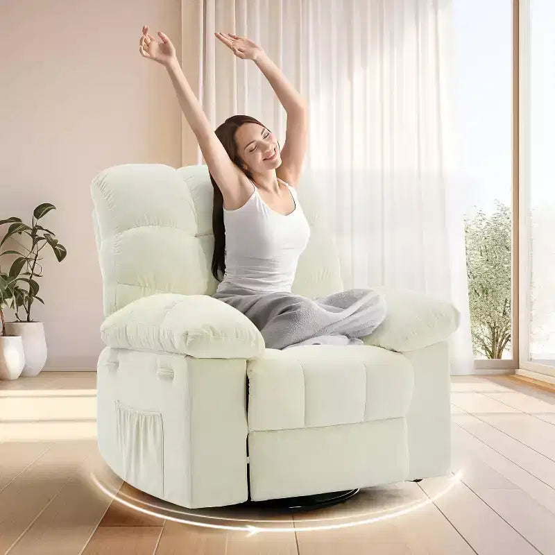 Recliner Chair, 360 Swivel Rocker Chair for Small Spaces,Upholstered Fabric Glider Nursery Chair With Side Pockets for Living Room,Q235 Steel Frame