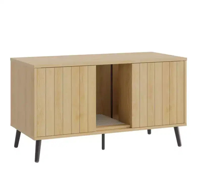 Ukryta kuweta dla 2 kotów 2-drzwiowa z czarnego tworzywa ziarnistego / naturalnego dębu, szafka pod telewizor do 55"