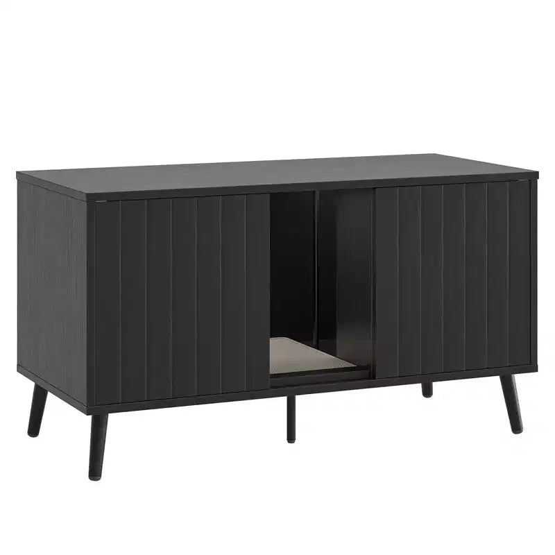 Ukryta kuweta dla 2 kotów 2-drzwiowa z czarnego tworzywa ziarnistego / naturalnego dębu, szafka pod telewizor do 55"