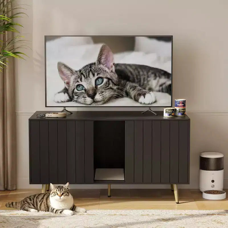 Ukryta kuweta dla 2 kotów 2-drzwiowa z czarnego tworzywa ziarnistego / naturalnego dębu, szafka pod telewizor do 55"