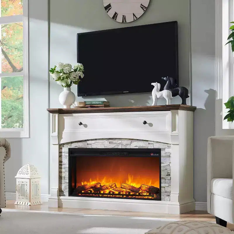 SinCiDo 52 Fireplace TV Stand, Entertainment Center w/ Fireplace, Hidden Flip Top Storage Cabinet, Remote Control, Adjustable 3D Realistic Flame