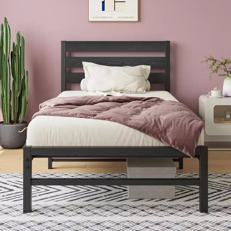 CLIHOME Black Platform Bed Frame with Rustic Vintage Wood Headboard, No Box Spring Needed