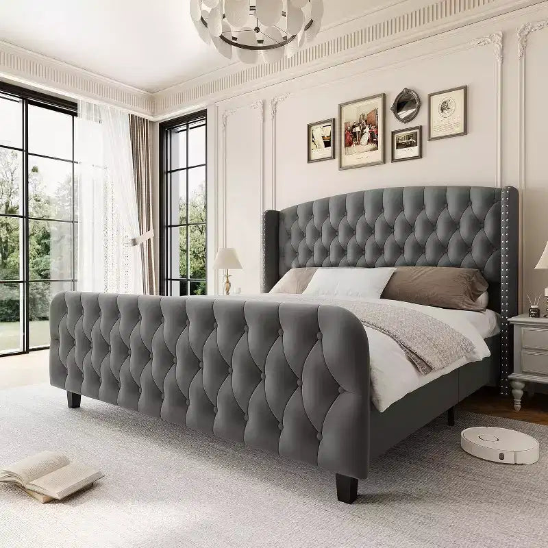 51 Tall Bed Frame with Deep Button Tufted Wingback Headboard and Footboard, Velvet Upholstered Platform Bed Frame, Easy Assemble