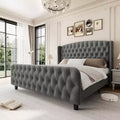 51 Tall Bed Frame with Deep Button Tufted Wingback Headboard and Footboard, Velvet Upholstered Platform Bed Frame, Easy Assemble