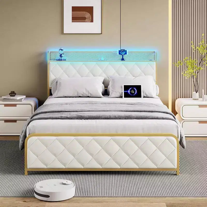 King Size Bed Frame with Charging Station,Upholstered Headboard and Footboard,Platform Bed Frame King with Storage Headboard,Metal Slat Support,Beige