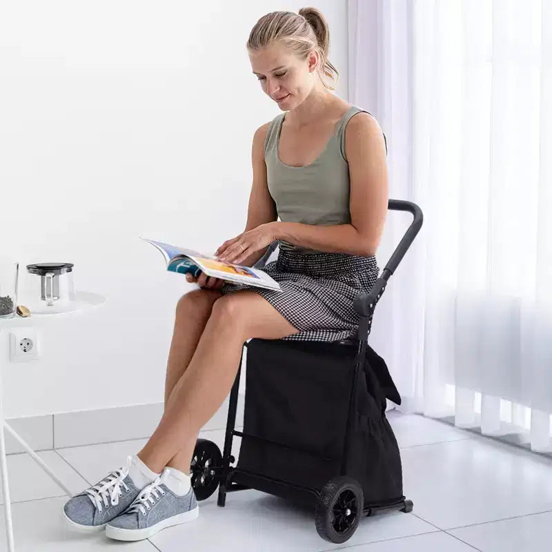 Czarny składany wózek na zakupy 2 w 1 z siedziskiem, 60 kg, 1 osoba