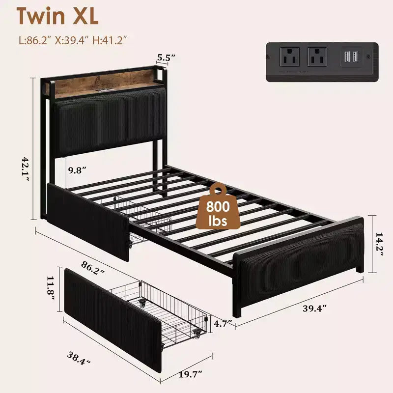 Rama łóżka tapicerowanego Twin XL z platformą i schowkiem, czarna, dla 1 osoby