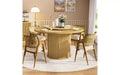 JVNOXK 55-inch round dining table seats six, featuring a double-tiered storage rack and rotating tabletop tray. Wave stripe pattern. Natural wood