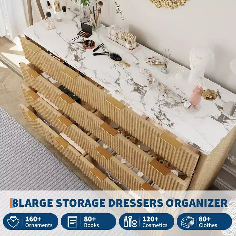 Ciemny orzech / dąb, komoda drewniana z 8 szufladami, żłobiona, 54", montaż przez 2 osoby