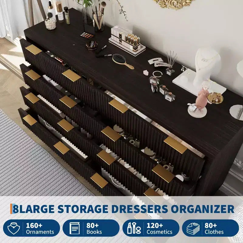 Ciemny orzech / dąb, komoda drewniana z 8 szufladami, żłobiona, 54", montaż przez 2 osoby