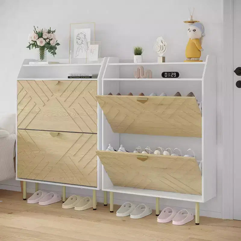Biała Wąska Szafka na Buty Wolnostojąca z 2 Szufladami i Górną Półką