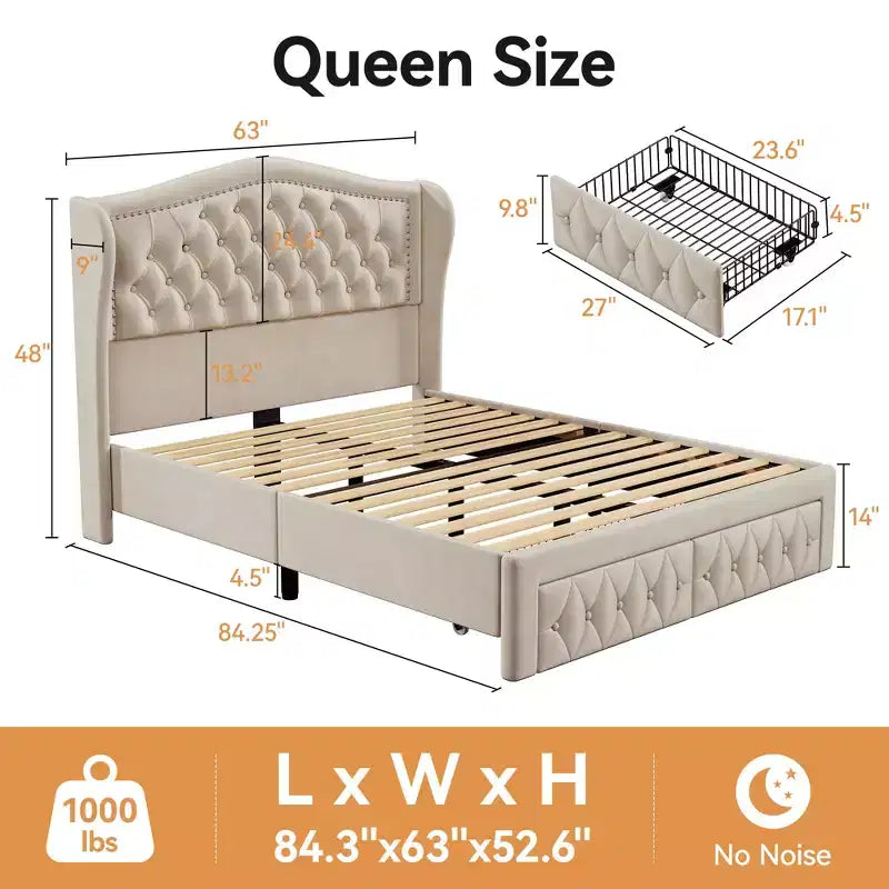 Łóżko tapicerowane Queen Velvet z ramą platformową i szufladami do przechowywania - Beżowe / Złote / Szare