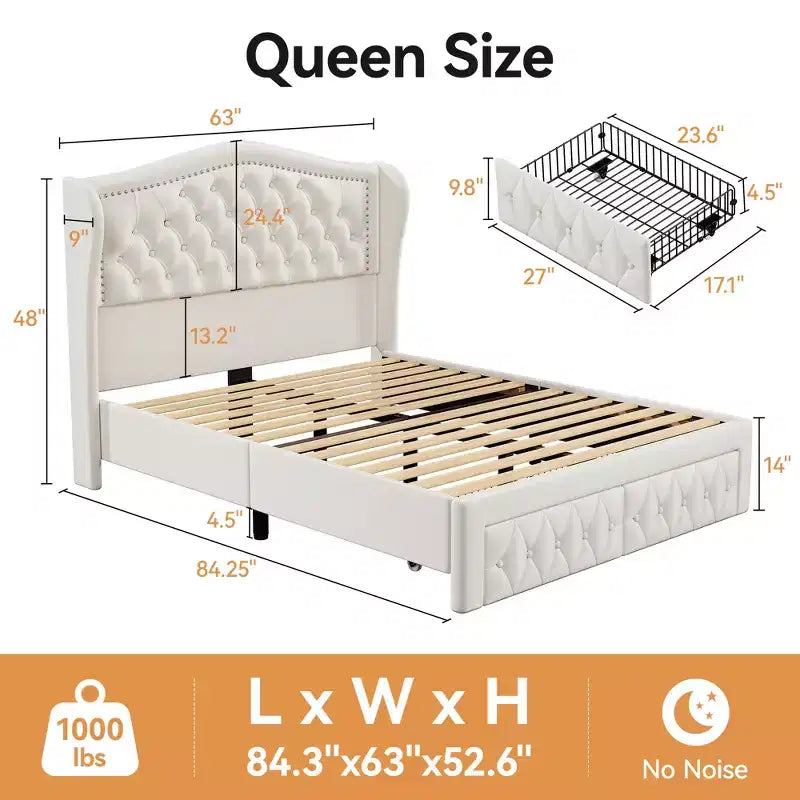 Łóżko tapicerowane Queen Velvet z ramą platformową i szufladami do przechowywania - Beżowe / Złote / Szare
