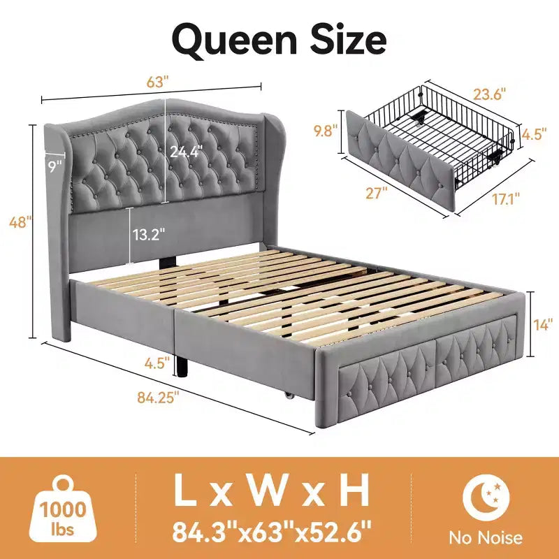 Łóżko tapicerowane Queen Velvet z ramą platformową i szufladami do przechowywania - Beżowe / Złote / Szare