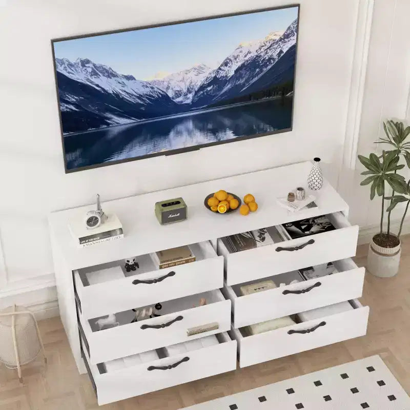 Szafka RTV z 6 szufladami i mocowaniem do telewizorów 32-75", biało-czarna, na 1 telewizor