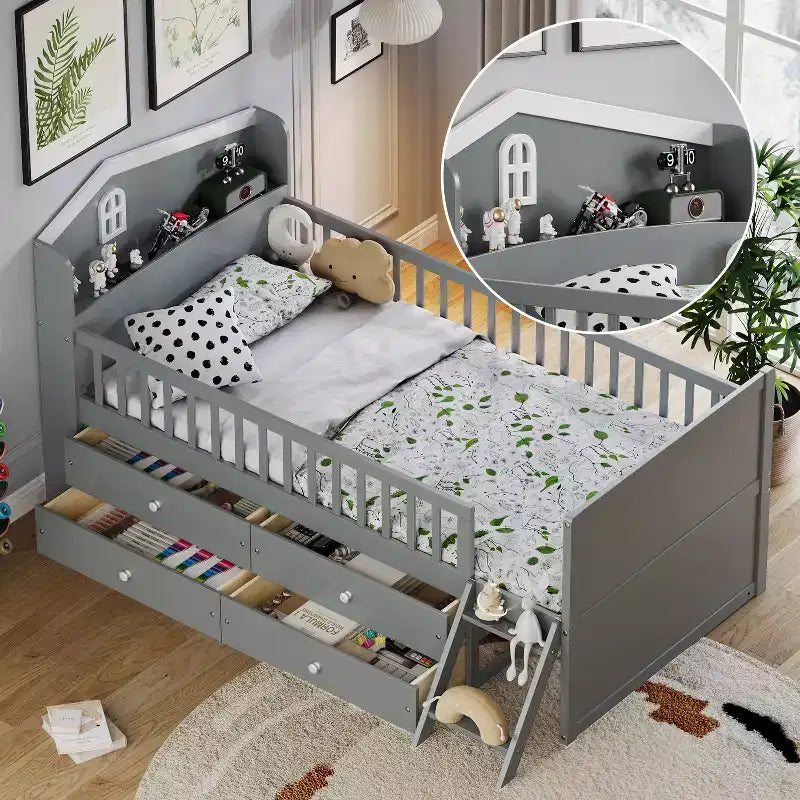 Szare, drewniane łóżko piętrowe Twin z 4 szufladami, 1-osobowe