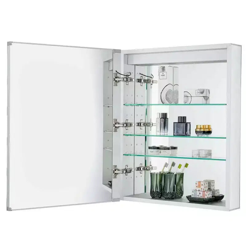 Srebrna aluminiowa szafka na leki, wpuszczana/natynkowa, lustro LED, dla 1–2 osób