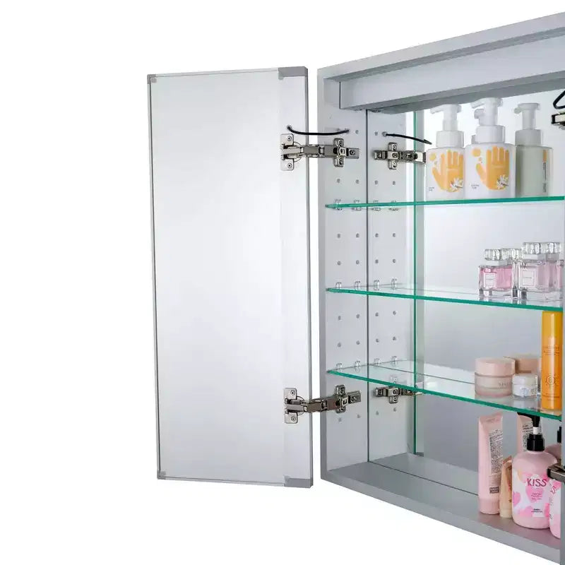 Srebrna aluminiowa szafka na leki, wpuszczana/natynkowa, lustro LED, dla 1–2 osób